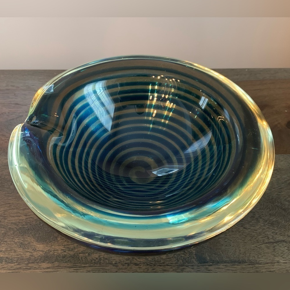 Murano Alfredo Barbini-Style Ashtray Trinket Dish Blue Swirl Heavy Italy MCM